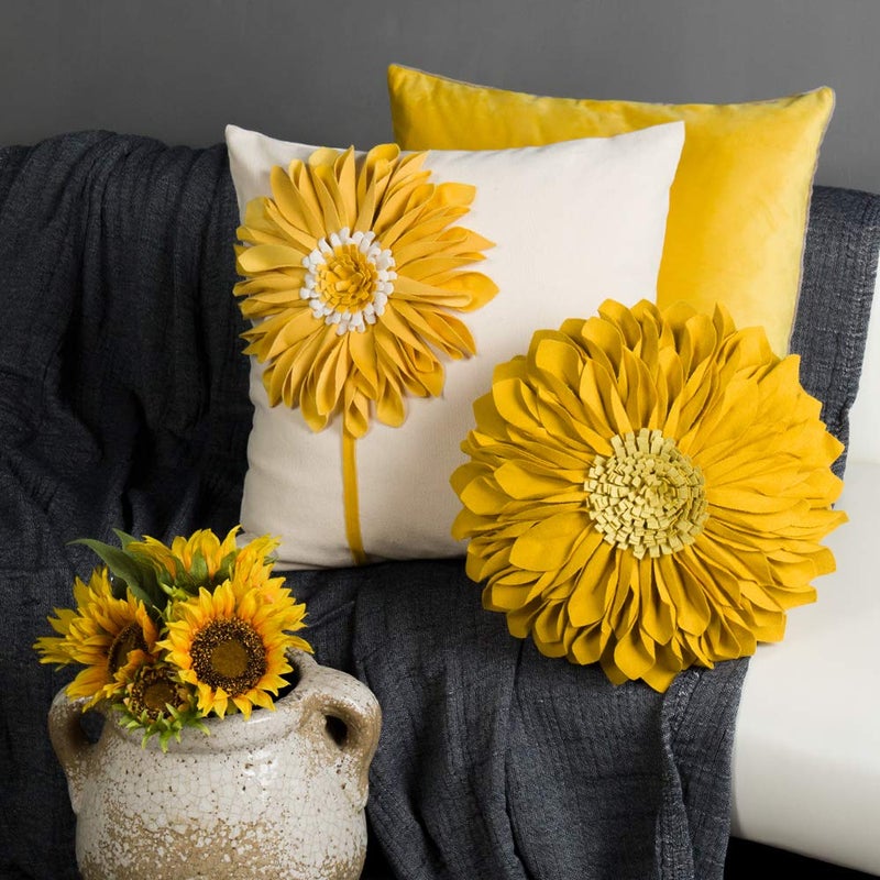 JWH Decorative Flower Throw Pillow Covers 3D Sunflower Pillow Case Velvet Cushion Floral Pillowcase for Bed Living Room Couch Chair 18x18 Inches Yellow Creamy White - Image 5